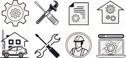 A collection of repair and maintenance icons, all rendered in a simple, clean, and minimalistic line art style, with a transparent background. The icons are consistently black and white, devoid of col