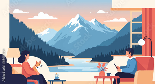 Couple with dog enjoys mountain lake view from cozy living room