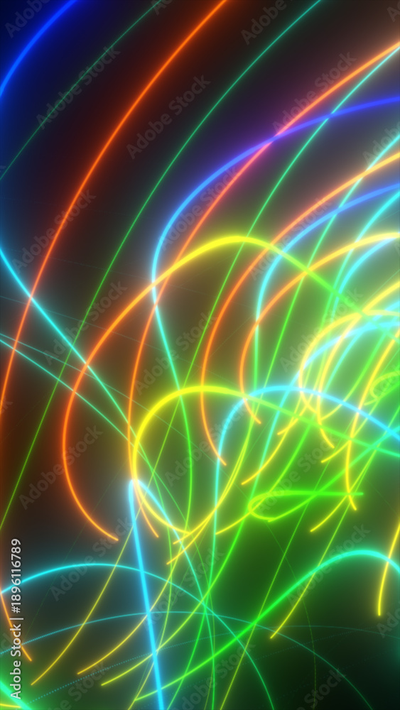 Fototapeta premium Vibrant multicolor neon light waves forming curved trails, abstract futuristic motion background