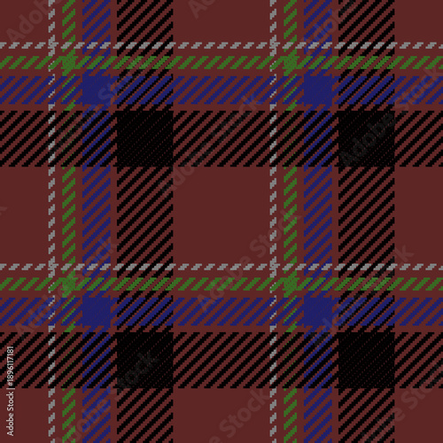  Classic Glen plaid pattern featuring a black base with intersecting white, olive green, and brown twill lines, creating a sophisticated and timeless textile design.