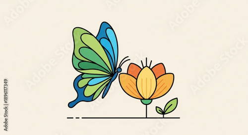 Colorful butterfly approaching a vibrant orange flower with green and yellow hues on a simple background