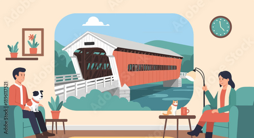 Cozy indoor scene with people and pets, viewing a rustic covered bridge