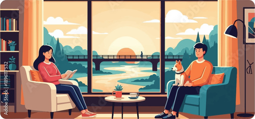Cozy indoor scene with people and pet enjoying view of river and bridge