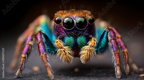 Vibrant peacock jumping spider with iridescent colors large eyes and colorful legs on dark background