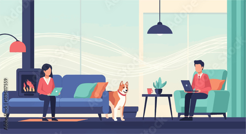 Cozy living room with people working on laptops and a dog