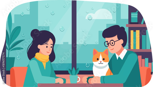 Cozy indoor scene with people, cat, and rain falling outside