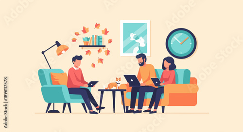 Cozy living room with people working on laptops and a dog (1)