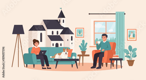 Cozy indoor scene with people, dog, and architectural background