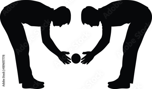 ymbolic black silhouette of two people bending forward with hands cupped around a small ball forming heart shape symbolizing teamwork cooperation partnership