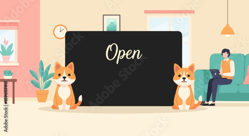 Cozy indoor scene with two dogs and a person working on a laptop