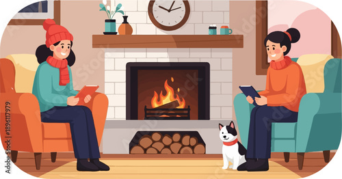 Cozy indoor scene with two people, a dog, and a fireplace