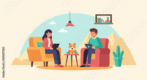 Cozy indoor scene with two people, a dog, and a plant