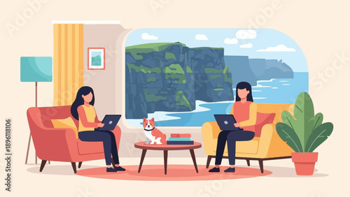 Cozy living room with cliff view, two people working on laptops, a dog