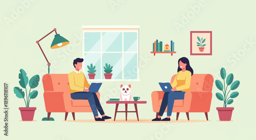 Cozy living room with couple working on laptops and a dog