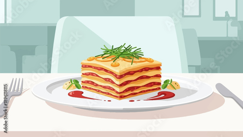 Delicious layers of lasagna served on a plate with garnish and cutlery