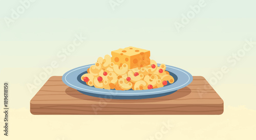 Delicious macaroni and cheese with a cube of cheese on top, served on a plate