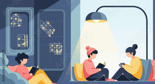 Cozy evening reading with friends, warm lights, and hot drinks