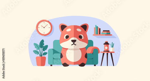 Cute cartoon dog sits in a cozy living room with a plant and books