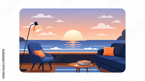 Cozy indoor seating offers serene sunset ocean view