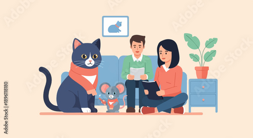 Cozy domestic scene with people, pets, and plants