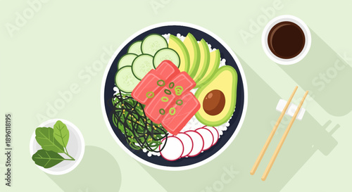 Delicious poke bowl with tuna, avocado, cucumber, radishes, seaweed, and soy sauce