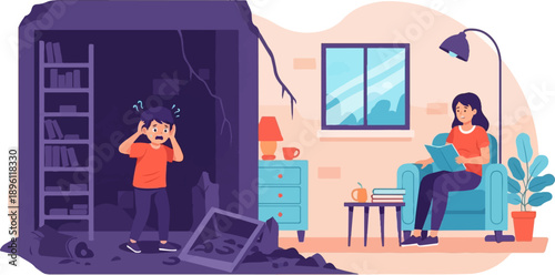 Distressed child in damaged room contrasts with calm adult reading
