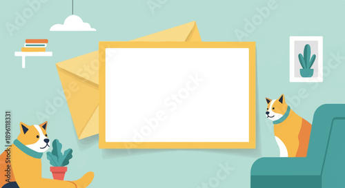 Cute cartoon dogs in a living room with a blank frame and an envelope
