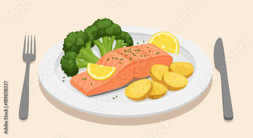 Delicious salmon fillet with steamed broccoli and potato slices on a plate