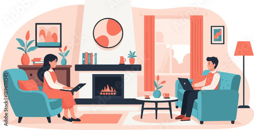 Cozy living room with a fireplace and two people working on laptops