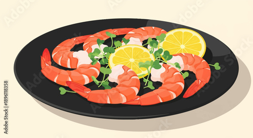 Delicious shrimp with lemon slices and fresh greens on a dark plate