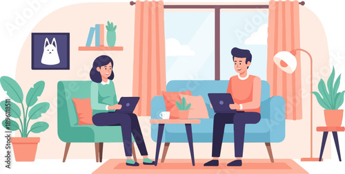 Couple working remotely on laptops in a cozy living room with plants