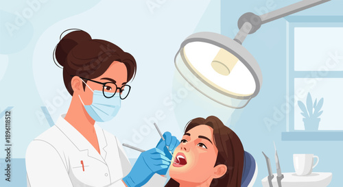 Dentist examining a patient's open mouth with examination tools under bright light