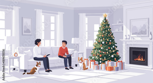 Cozy living room scene with two people, dogs, and a decorated Christmas tree