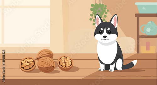 Cute cartoon husky dog sits near walnuts on a wooden table with shelves in background