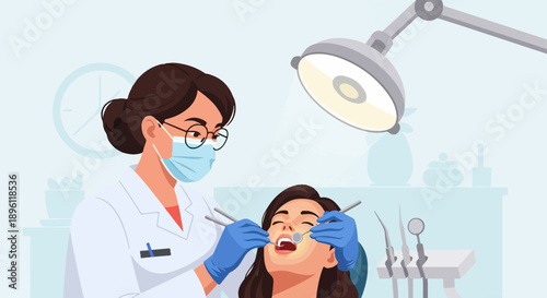 Dentist examining patient's teeth with instruments under a bright light