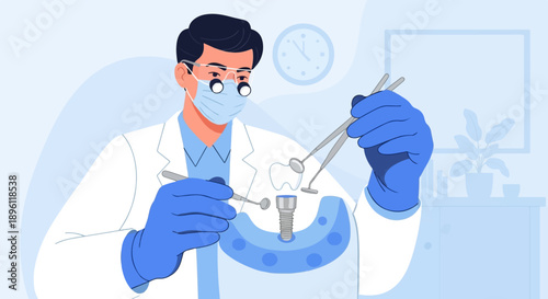 Dentist examining dental implant and tooth with tools in clinic
