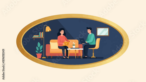 Couple working remotely on laptops in a cozy living room