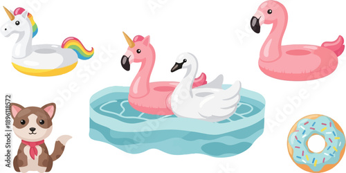 Cute cartoon inflatable animals and a donut on a white background