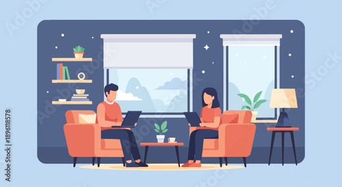 Cozy interior scene shows two people working on laptops from home