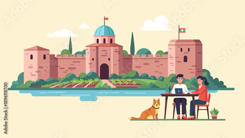 Couple working remotely with dog by historical fortress and river