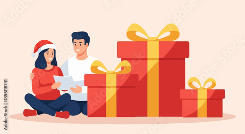 Couple with festive gifts, reading a paper, wearing Christmas hats and sweaters