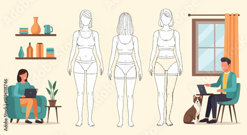 Diverse body types illustrated with people working and relaxing indoors with a pet