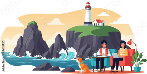 Couple working remotely with dog near lighthouse by the ocean