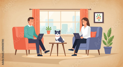 Couple working remotely with pet dog in cozy living room setting