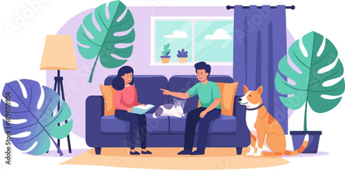 Cozy living room scene with people, pets, and plants