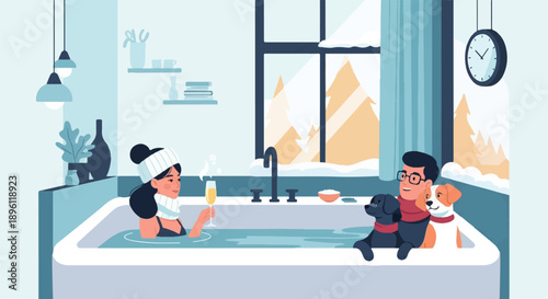 Couple with dogs relax in a bathtub enjoying champagne with snow outside