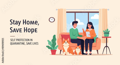 Couple with dogs on couch, text about staying home for safety