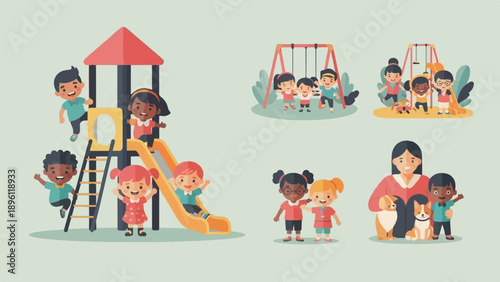 Diverse children joyfully play on playground equipment with adult and pets