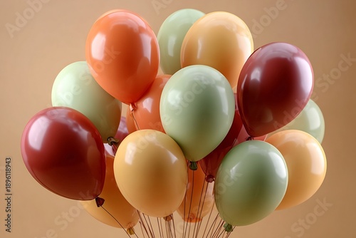 A tight arrangement of shiny, colorful balloons in autumnal shades creates a buoyant visual element against a neutral backdrop.