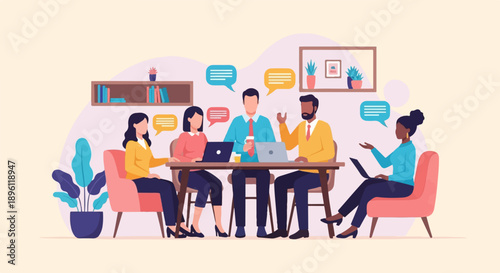 Diverse colleagues collaborate around a table, sharing ideas via speech bubbles